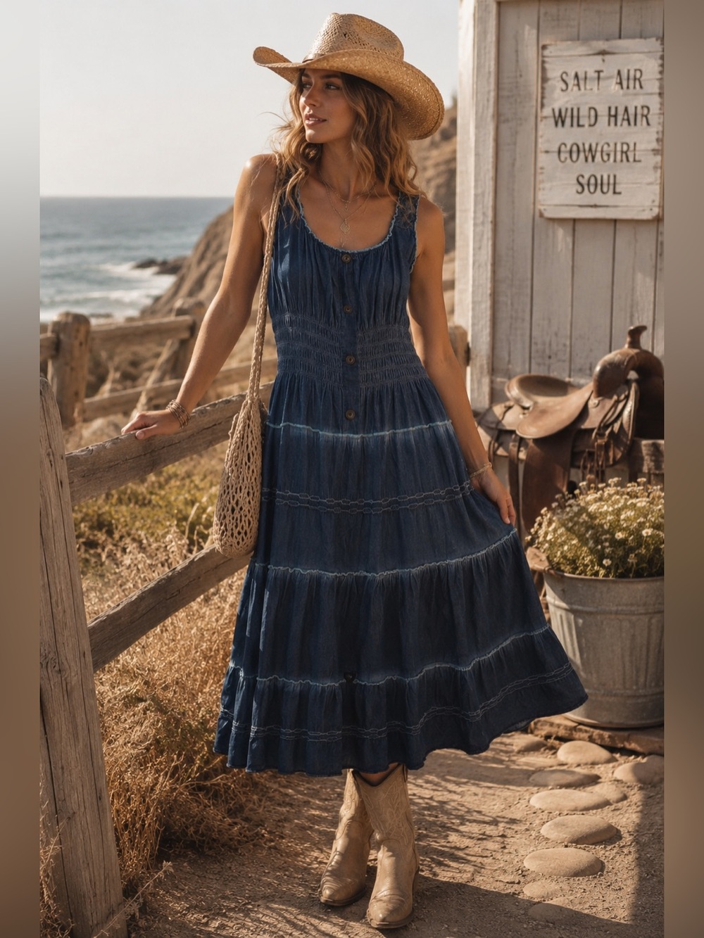 Lapis Chambray Tiered Layered Scalloped Maxi Dress Western Bohemian Cowgirl XL